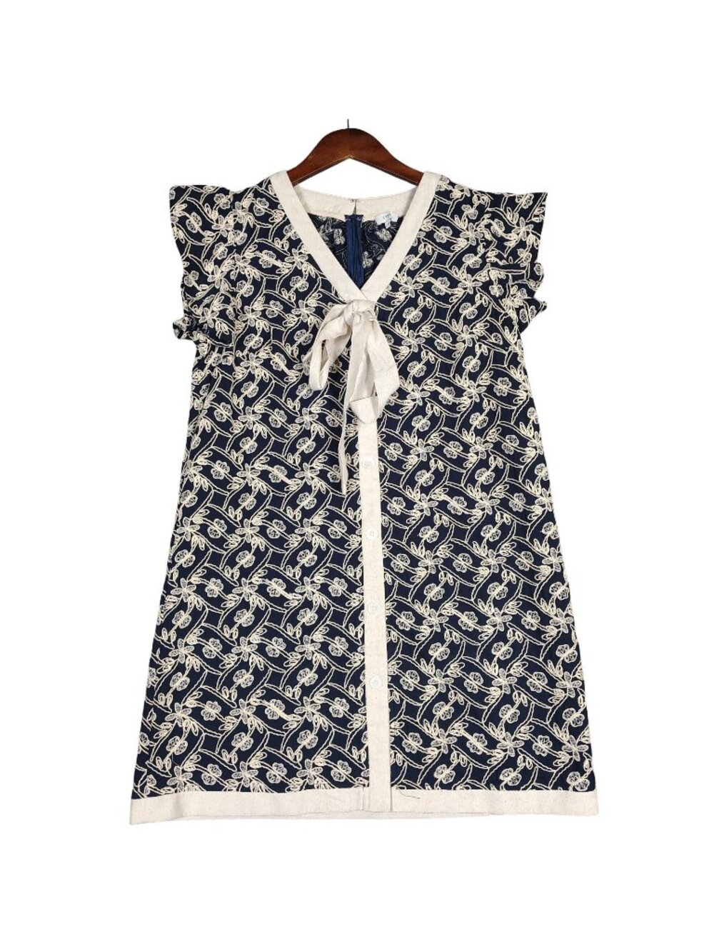 Voy Mini Dress Women's Large Navy Cream Floral Embroidered Flutter Sleeve Preppy - Picture 1 of 12
